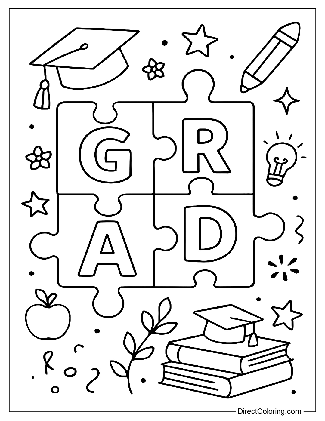 a coloring page of puzzle pieces that form the word “GRAD” surrounded by learning symbols